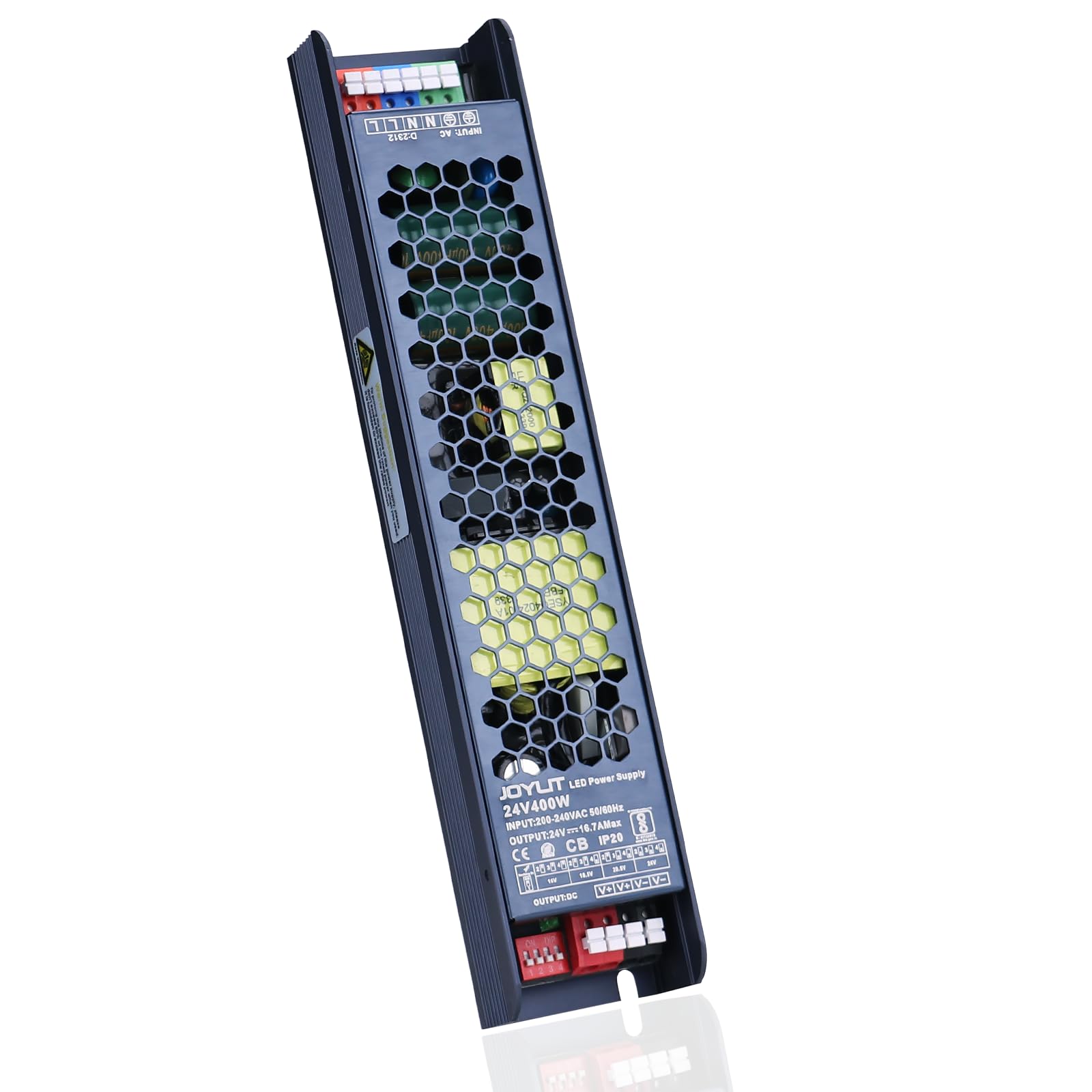 JOYLIT Fuente de Alimentación Profesional 24V 400W, Ultrafino Transformador 200-240V a 24V 16.7A, Driver LED de Bajo Voltaje de Funcionamiento Silencioso para Tiras LED (Salida 16V/18.5V/20.5V/24V)