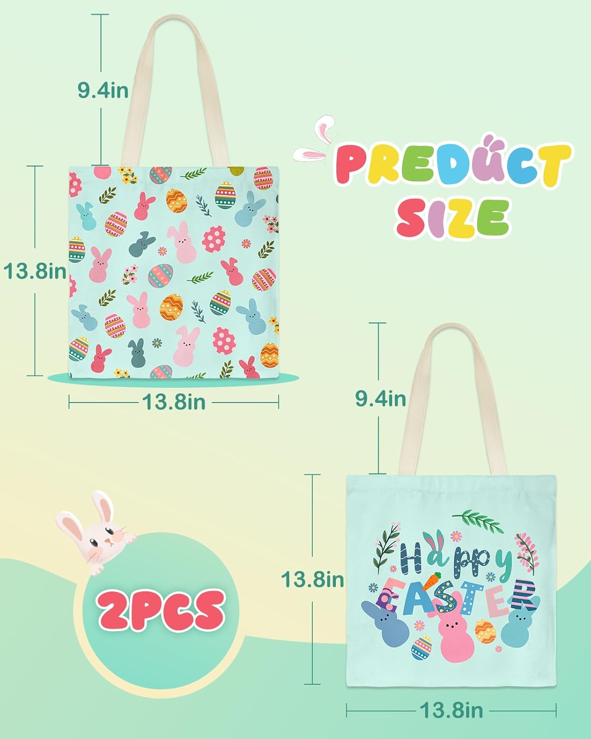 Easter Canvas Tote Bags for Kids - 2 Pack Bunny Treat Easter Canvas Bags with Handles, Perfect for Egg Hunts - Image 5