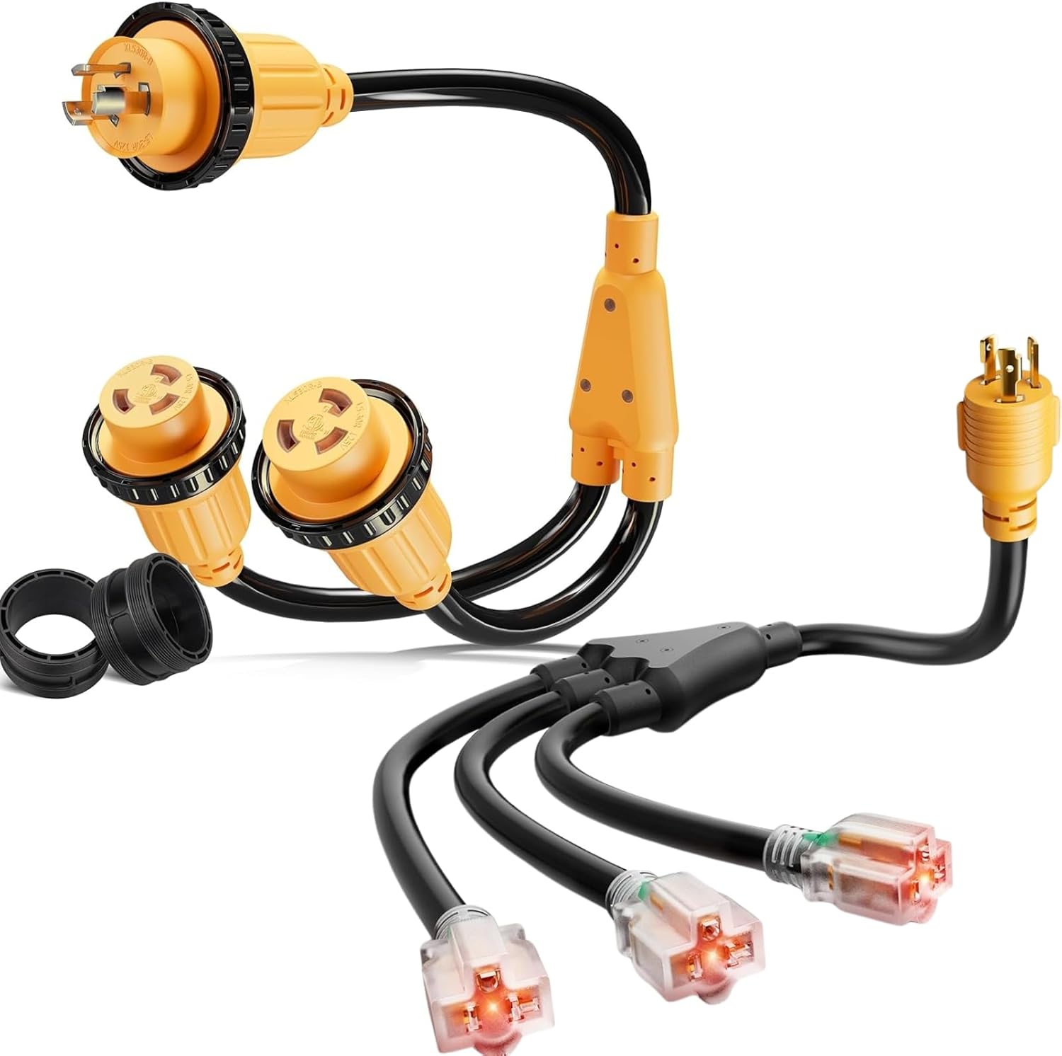 MECMO NEMA L5-30P to 2X L5-30R 30 Amp Shore Power Splitter Cord, 30A 125V ETL-Listed Locking 30 Amp x (2) 30Amp, L5-30P to 3X 5-15R/5-20R RV Generator Adapter Marine 30 Amp to 110 15 Amp Household