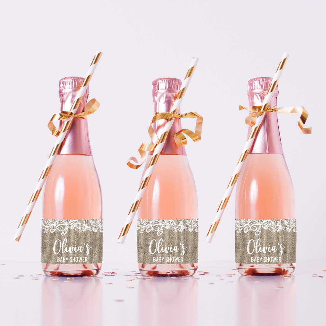 Andaz Press Personalized Mini Champagne Wine Bottle Labels, Olivia's Baby Shower, Burlap Lace, 20-Pack, Custom Mini Champagne Favor Gift Stickers for Baby Shower