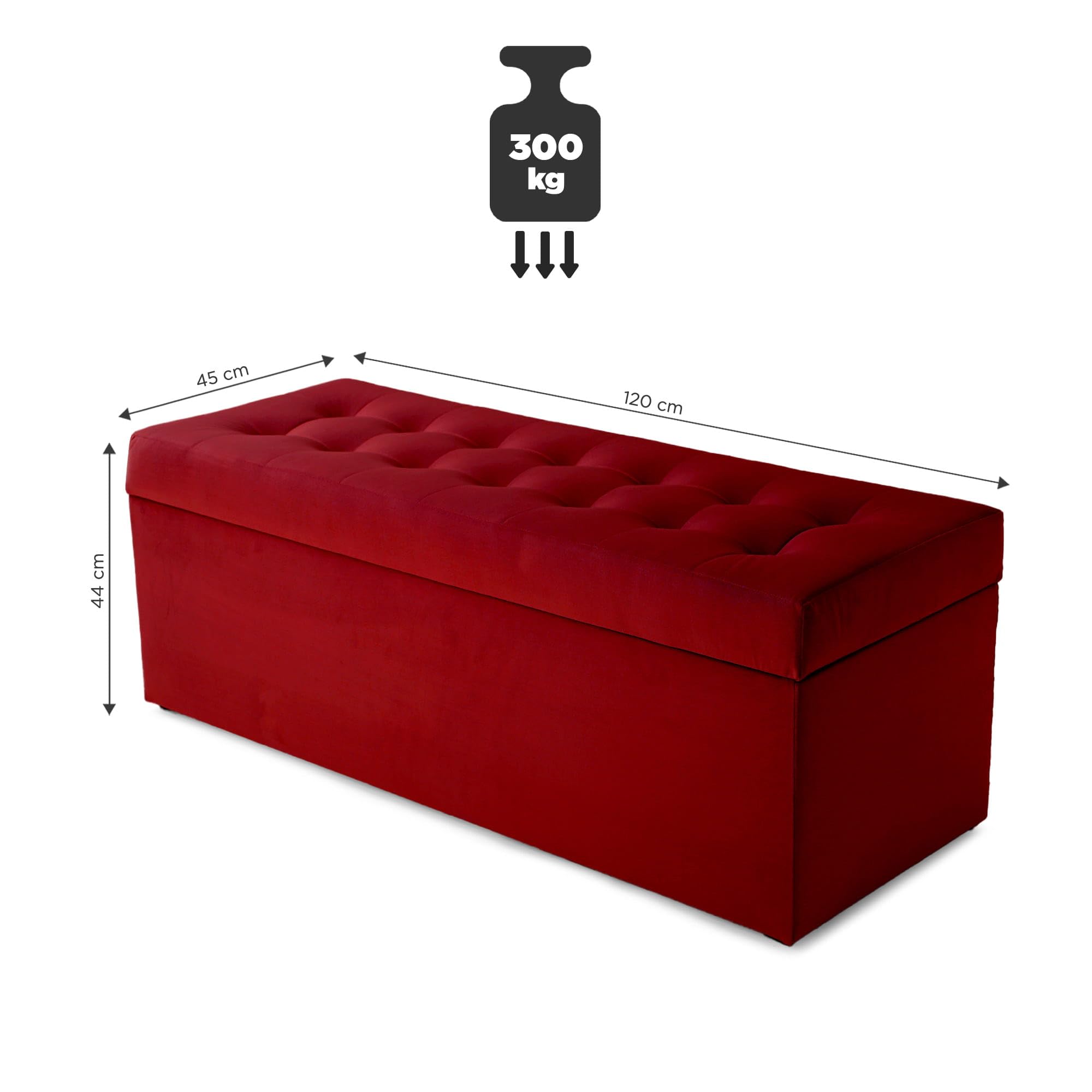 MG Design Polsterhocker 45 x 120 cm Rot mit großem Stauraum (ca. 140 L), bis 300 kg belastbar, weich mit dezentem Schimmer, pflegeleicht – Wohnbereich, Schlafraum & Flur