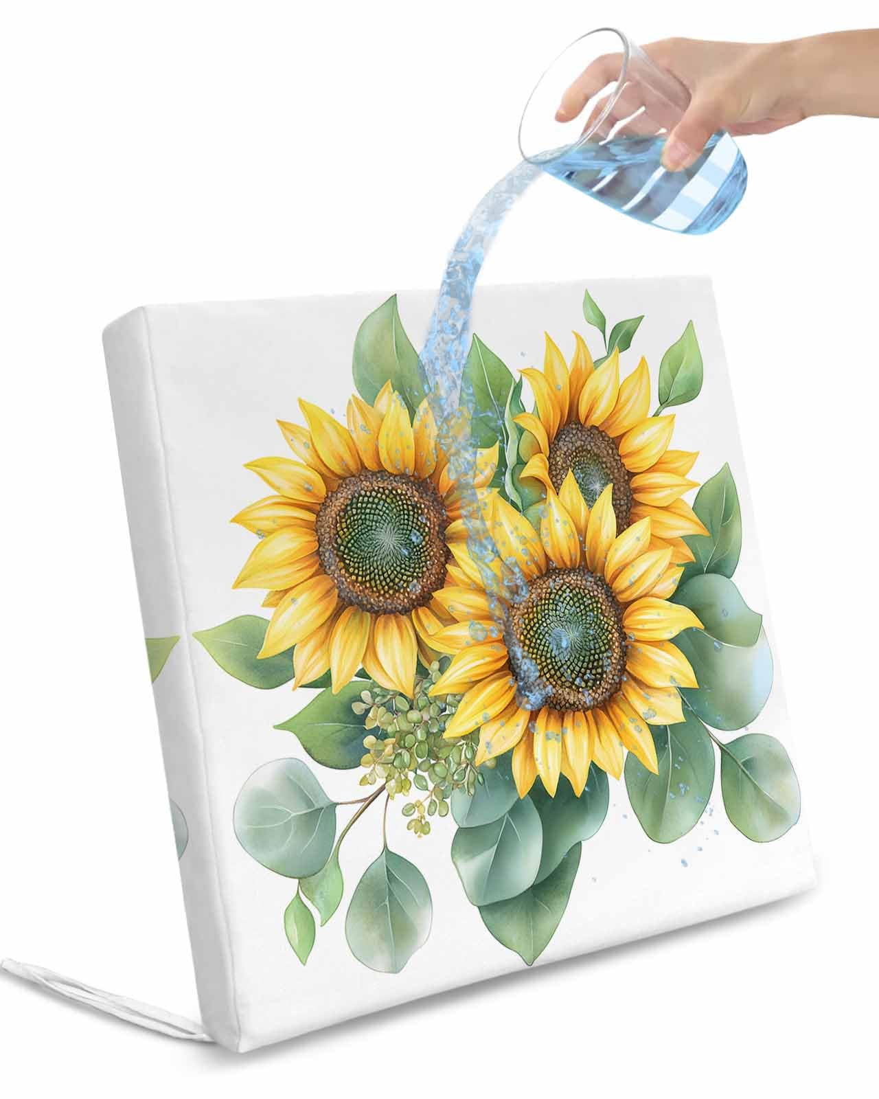 2 Pack Sunflower Waterproof Cushion Covers with Ties, Outdoor Patio Chaise Lounge Chair Seat Cushion Slip Covers Replacement(Only Cover) Country Eucalyptus Green Yellow Botanical 20