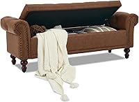 SofthionDesign 58.1" Brown PU Leather Storage Bench Ottoman - Tufted Cushion, Rolled Arms, Large Hidden Compartment for Bedroom End, Entryway