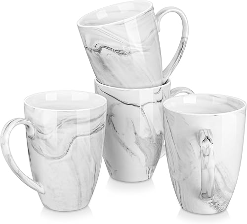 MALACASA Juego de 4 tazas de café de porcelana de 16 onzas, tazas de cerámica gris mármol con asa para té, jugo, latte, capuchino, cacao. Apto para