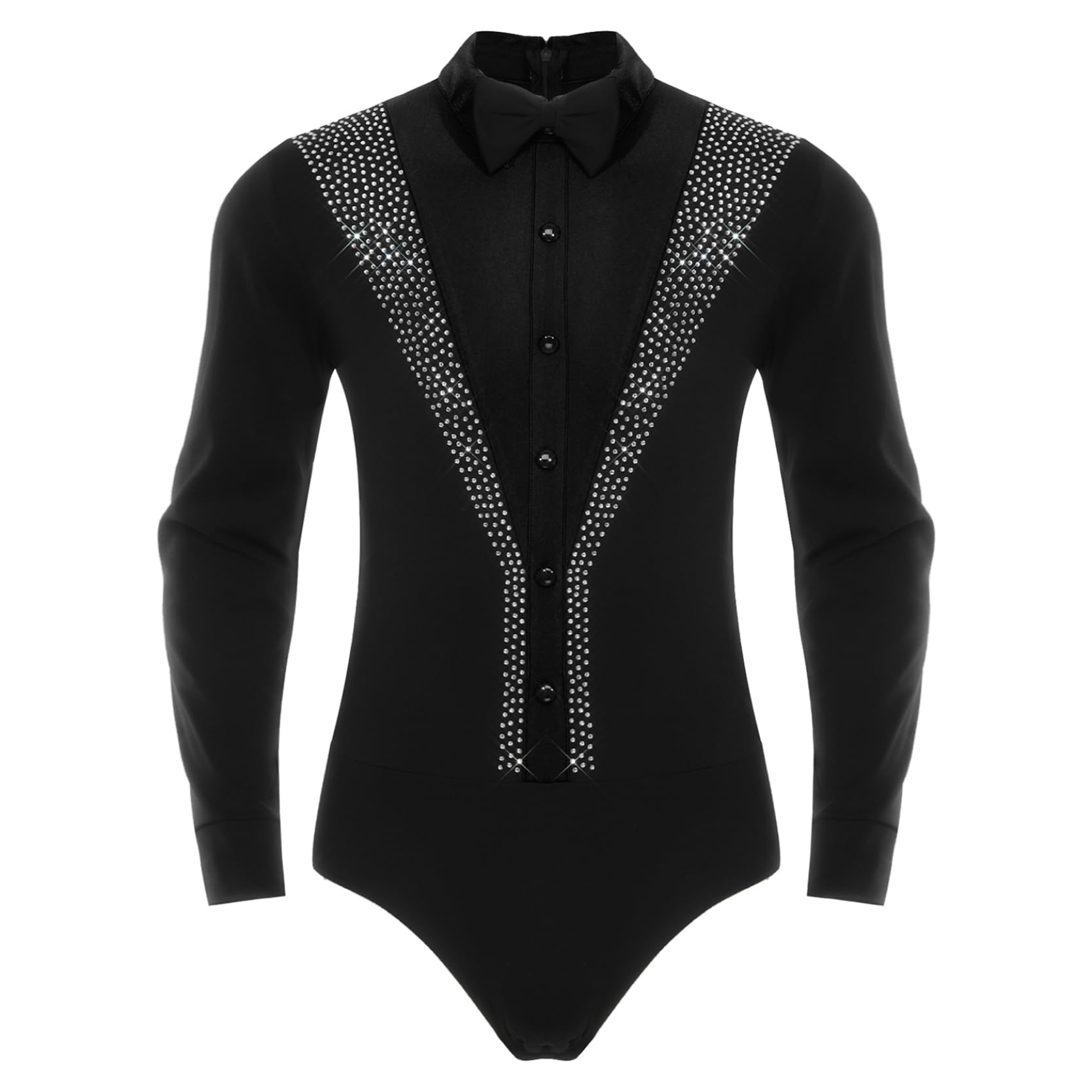 inlzdz Herren Eiskunstlauf Anzug Langarm Glitzer Tanzhemd Langarm Leotard Gefüttert Trikot mit Fliege Latein Sambav Tanz Outfit für Ballsaal Wettbewerb