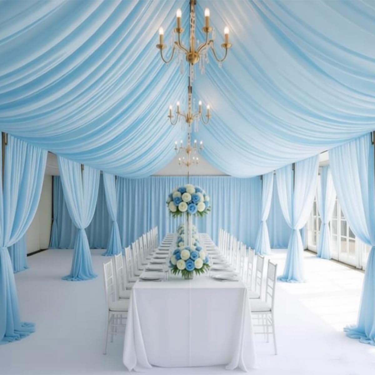 View 1 of 10 Panels Baby Blue Ceiling Drapes for Wedding 5ft x 30ft, Light Blue Sheer Fabric Ceiling Curtains for Photo Background Ceremony Birthday Party Decoration