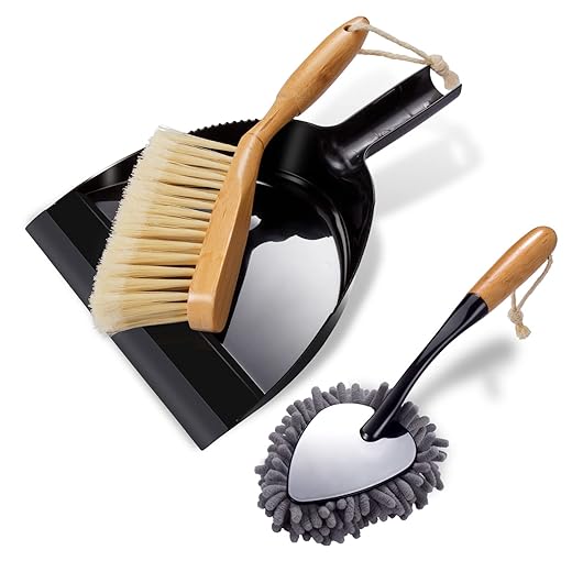 Almcmy Small Dustpan and Brush, 3 Pack Hand Broom and Dustpan with 1 Extra Duster, Handheld Broom and Dustpan Set with Bamboo Handle, Mini Dustpan and Brush Set for Kitchen, Sofa, Tables, Cars