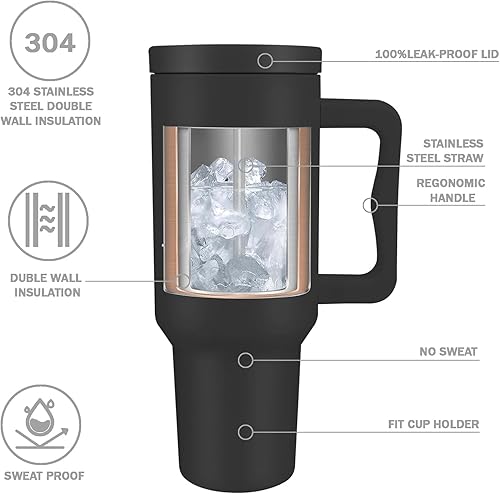 Miniatura 3 de Vaso de 40 onzas con asa y tapa con pajilla, vaso aislado reutilizable, botella de agua de acero inoxidable, taza de viaje, apto para tazas, regalos