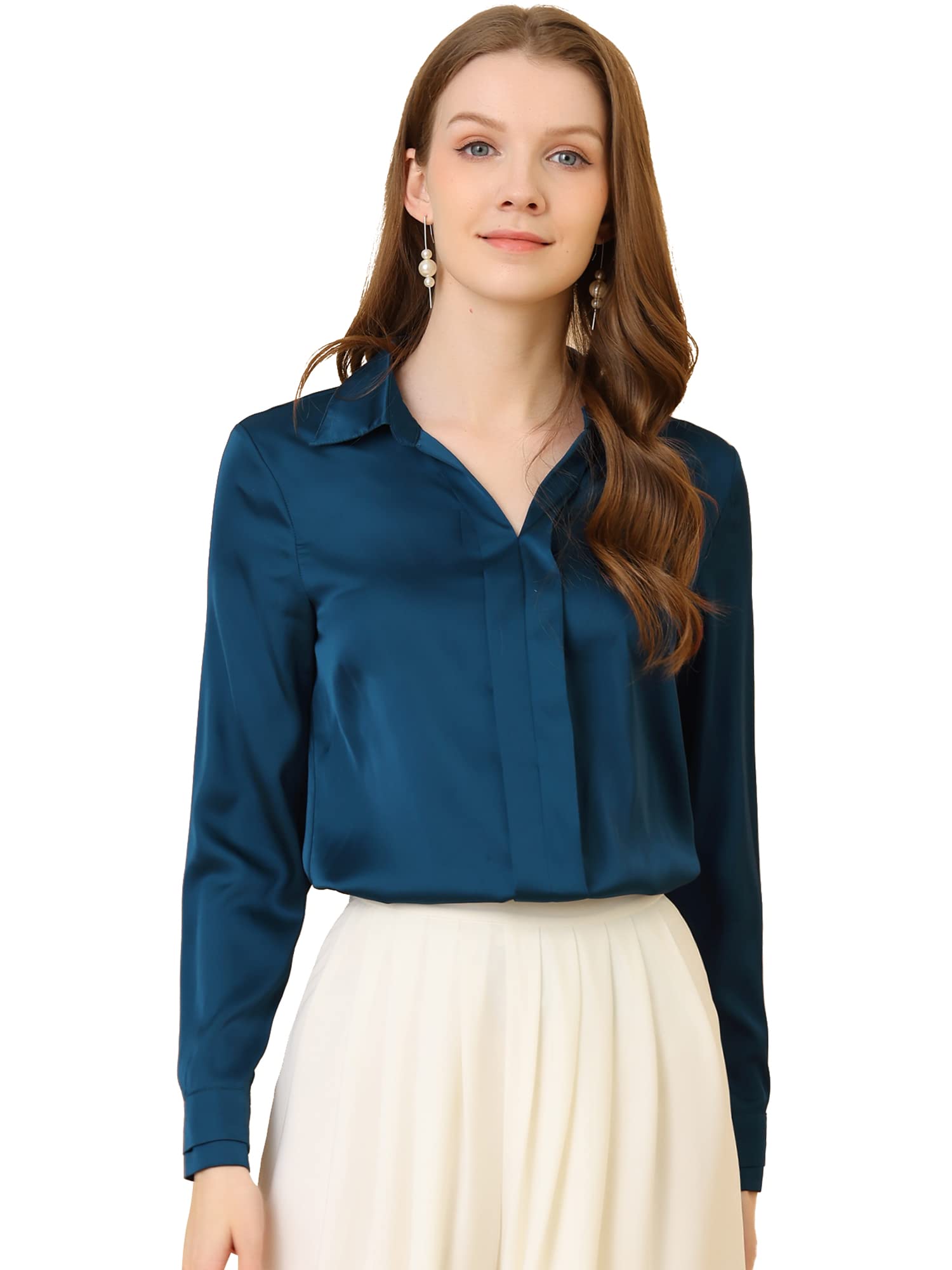 Allegra K Women's Silk Top Elegant V Neck Satin Blouse Long Sleeve Dressy Business Shirt Work Tops 2025, Deep Blue, S