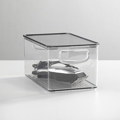 Miniatura 3 de mDesign Caja de almacenamiento de plástico profundo para baño, asas con tapaintegradas, organización para maquillaje, herramientas de peinado del