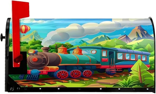 Mailbox Covers Cartoon Steam Train Mailbox Covers Magnetic Standard Size 18 x 21 in Decorative Mailbox Cover Letter Box Wraps for Patio Garden Outdoor Yard