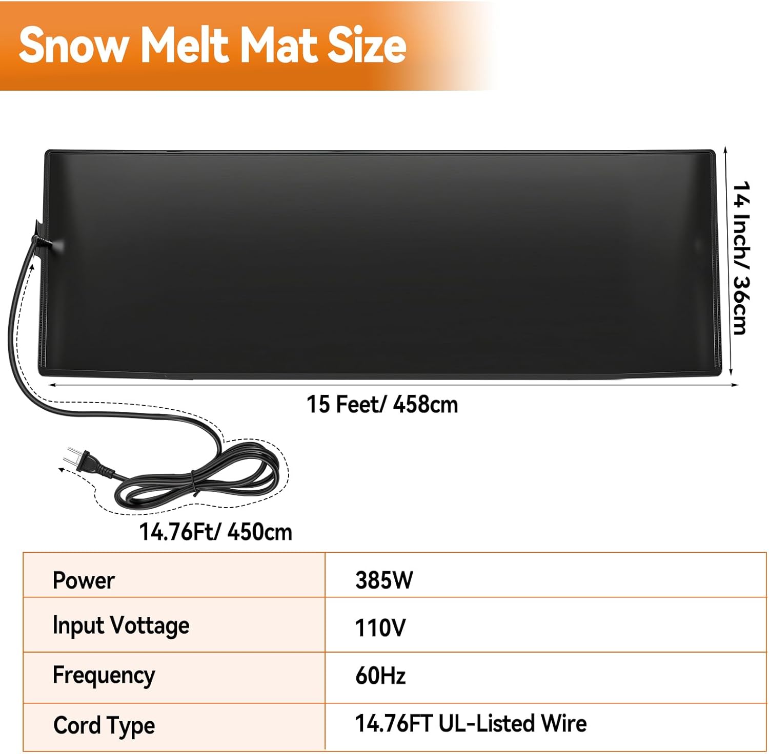 Heated Melting Mats, Snow Ice Melting Mats for Outdoor Walkways Anti-Slip TPU Heated Ice Melting Mats for Winter Backyards, Sidewalks Snow Removal,15ft x 14in, 15ft Power Cord
