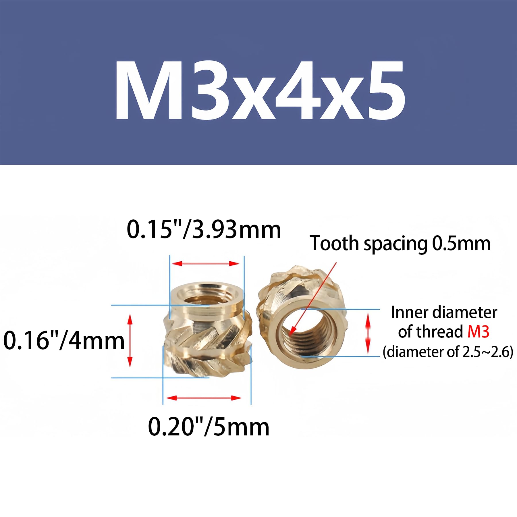 LEPEVNEY 60Pcs M3 Knurled Threaded Insert Nuts, 4mm Length, 5mm OD - Image 2