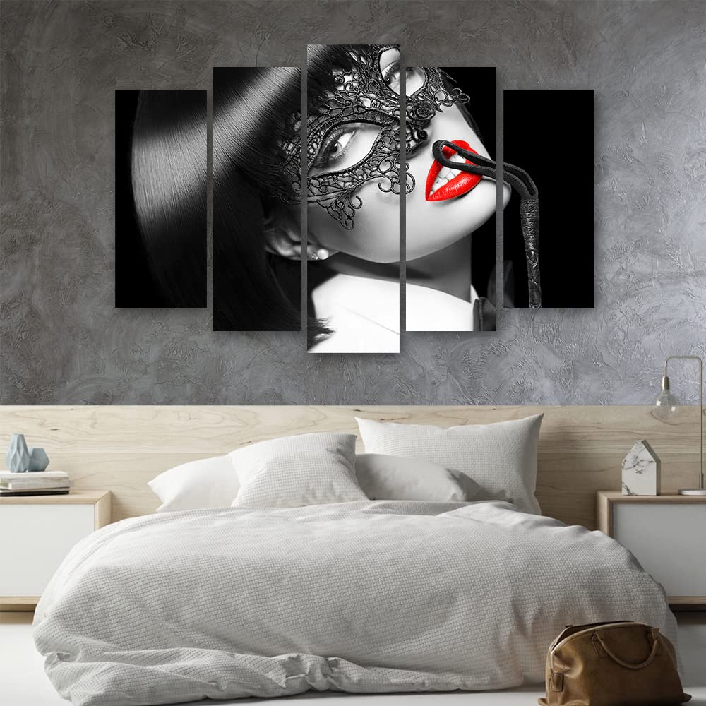 Feeby 5 partes Cuadro en Material Tejido no Tejido 150x100 cm Mujer Erotismo Retrato Abstracción Arte decorativo Impresión Artística Dormitorio Máscara veneciana Glamour Moda blanco y negro