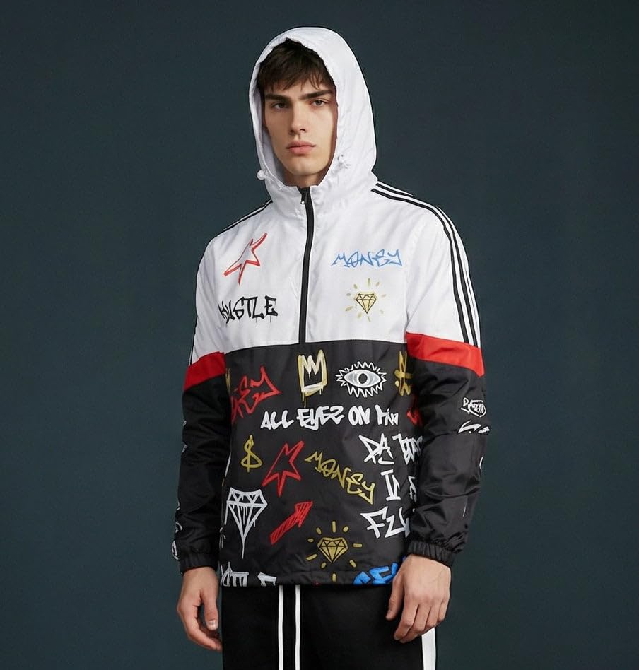 Image of SCREENSHOT Mens Streetwear Windbreaker Jacket - Lightweight Graphic Hoodie, Graffiti Hip Hop Urban Fashion Pullover Top