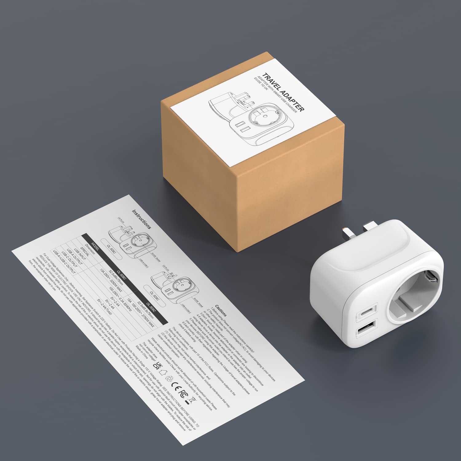 Adapter podróżny G Typu G - Gniazdko UK na DE z USB A i C 2,4 A - Adapter do gniazda wtykowego Anglia, Irlandia, Malta, UK