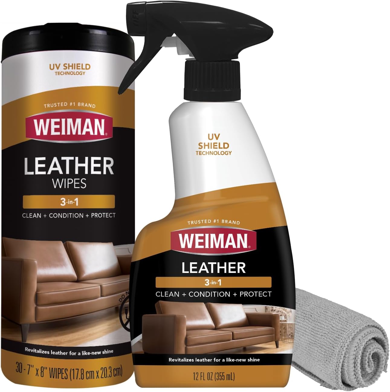 Weiman Leather Cleaner & Conditioner Care Kit | Restores Leather Surfaces | Ultra Violet Protectants Help Prevent Cracking or Fading of Leather Furniture, Car Seats, Shoes