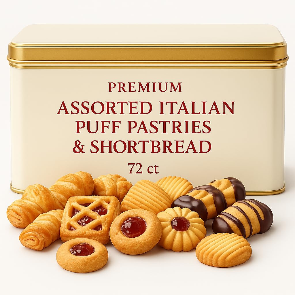 Premium Assorted Italian Puff Pastries & Shortbread Cookies – 72 Count Gift Tin. Free From Artificial Colors, Preservatives, Hydrogenated Fats And Kosher Certified. Package May Vary