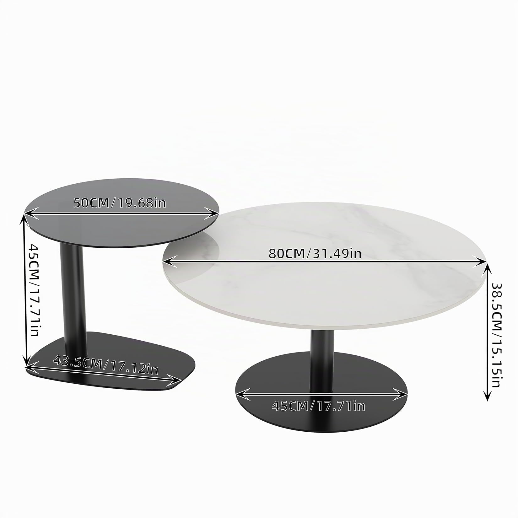 FATIVO Wohnzimmertisch 2er Set Rund, Marmor Couchtisch Satztisch Schwarz Weiß Glas Beistelltisch - Modern Sofatisch für Wohnzimmer - Groß: 80×80×38.5 cm Klein: 50×50×45 cm
