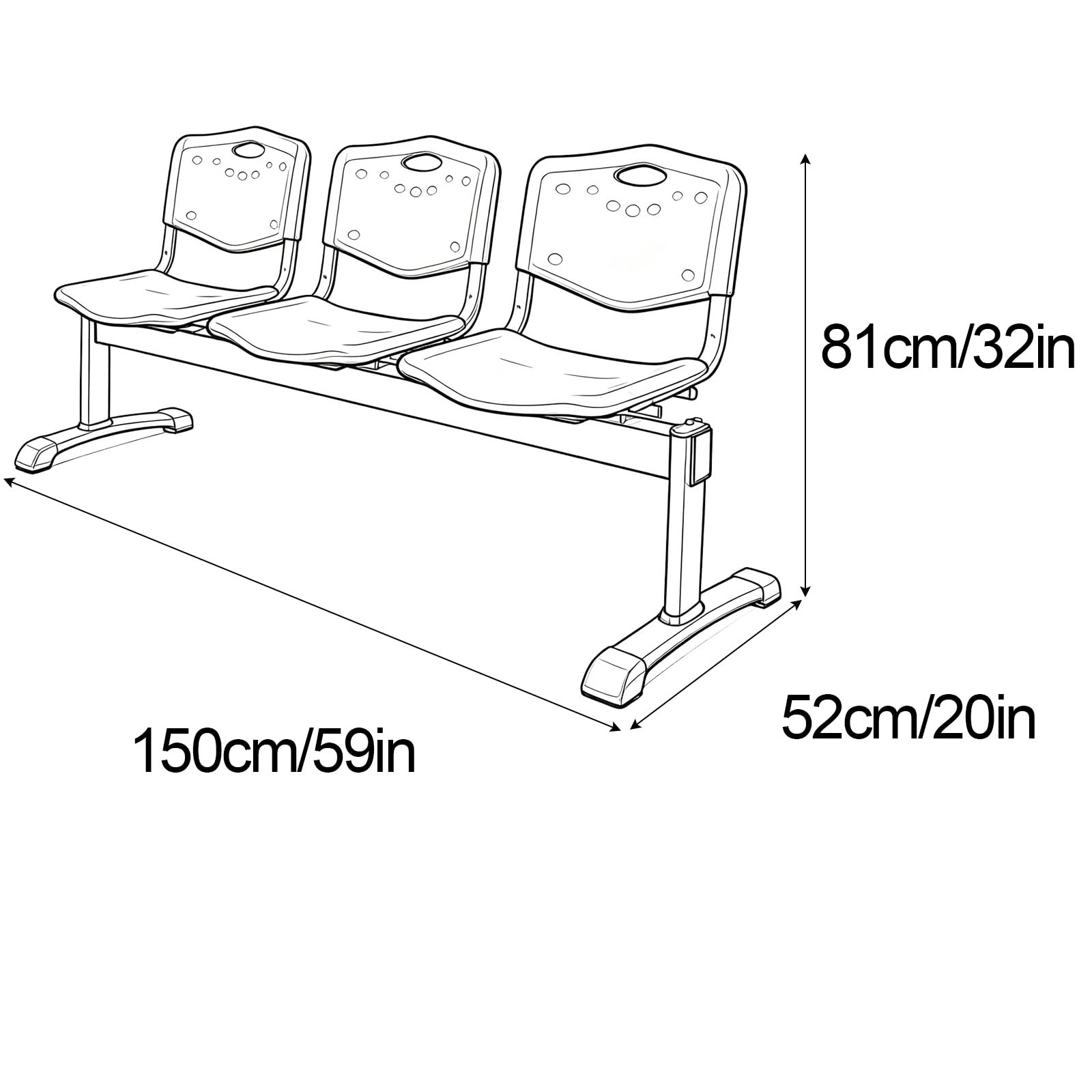 3 Sitzer Empfangsbank, Metallgestell, Tragkraft 600kg, 150x81x52cm, Kunststoff-Empfangsbank für Parks und Salons(Blue)