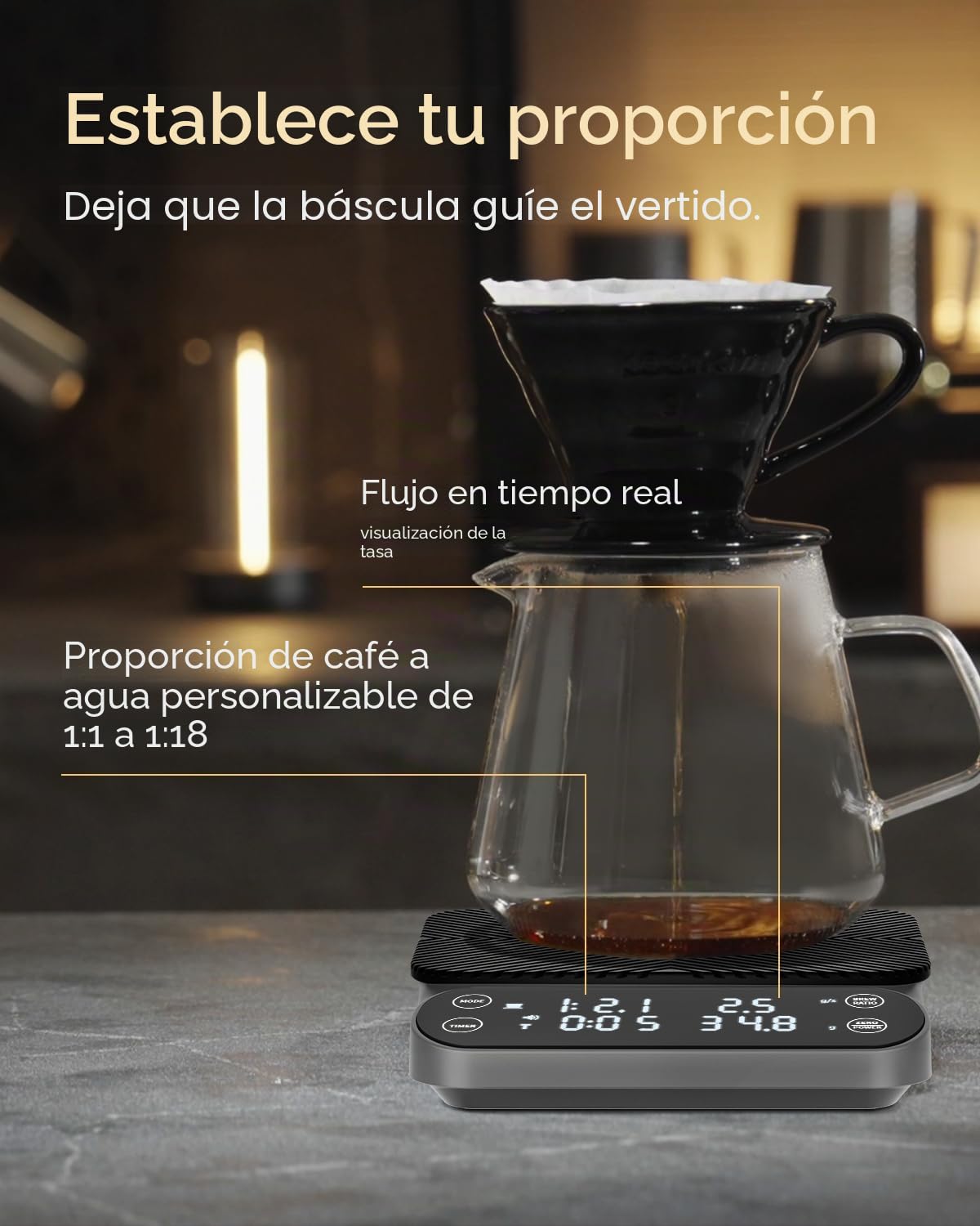 Maestri House S3 Báscula de café con temporizador, 3 kg/0,1 g, recargable, báscula digital de espresso, 3 modos de preparación, proporciones de preparación e indicador de flujo ajustables, para Pour