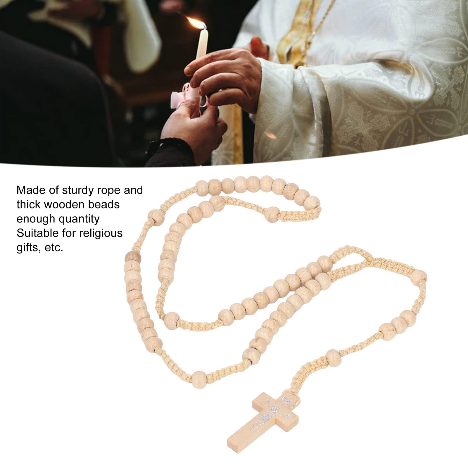 10 Piezas de Rosario de Madera, Fiel Católico de Madera, Rosario de Cuentas de Madera Natural, Collar de Rosario, Cruz, Crucifijo, Colgante Católico, Oración Católica, Jesús, Santo, para(beige)