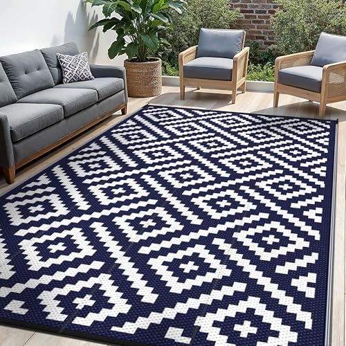 sarben Alfombra de exterior impermeable para patio, 6 x 9 pies, alfombra de paja de plástico reversible para exteriores, caravana, porche, balcón, terraza, patio trasero, caravana, picnic, azul y