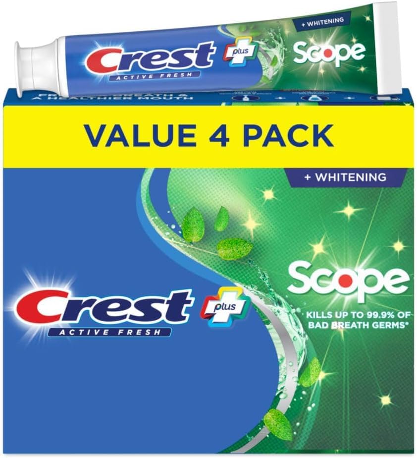 Crest + Scope, Active Fresh, Teeth Whitening Toothpaste for Adults, 5.5oz, Bad Breath Treatment, Breath Freshner, for Sensitive Teeth, Deep Stain Remover, Travel Size Toiletries (Pack of 24)