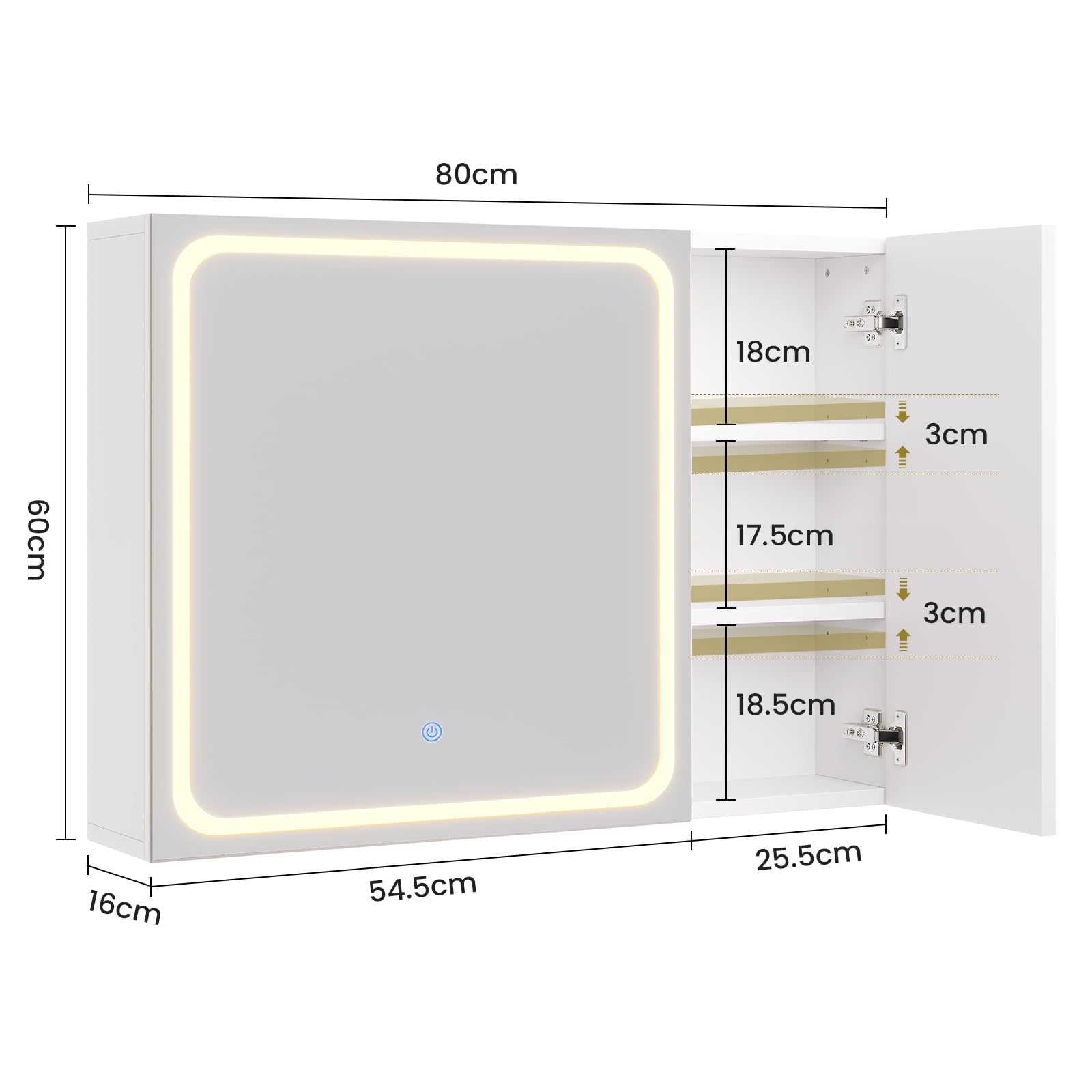 Armoire Murale Salle de Bain avec Éclairage LED et Miroir HD, Armoire de Toilette avec Étagères Réglables, 3 Températures + Intensité Réglable, Meuble de Salle de Bain, Blanc 16 x 60 x 80 cm