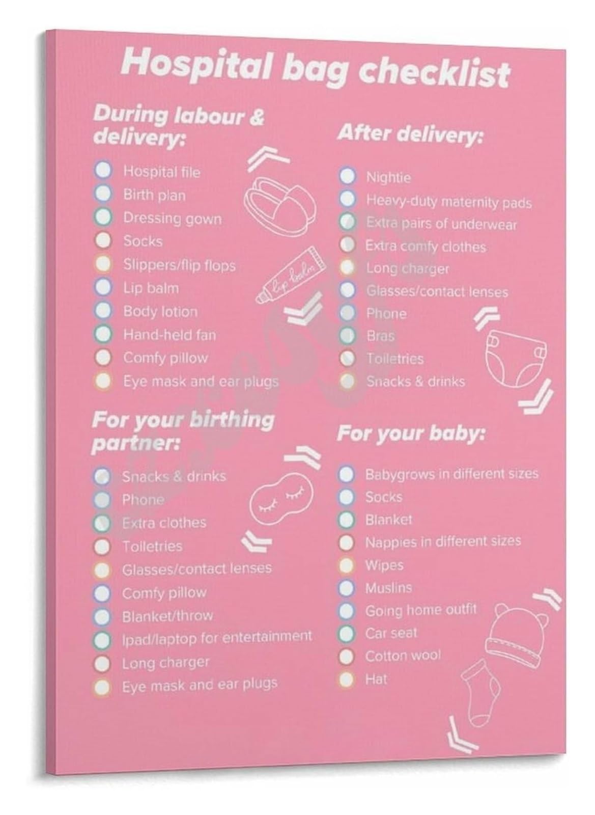 KCDFDVJFBM Shower Gift Hospital Bag Checklist Poster Labor and Delivery Must Haves Canvas Wall-Art for Nursery Mom Decor(Unframed,12x18inch(30x45cm))
