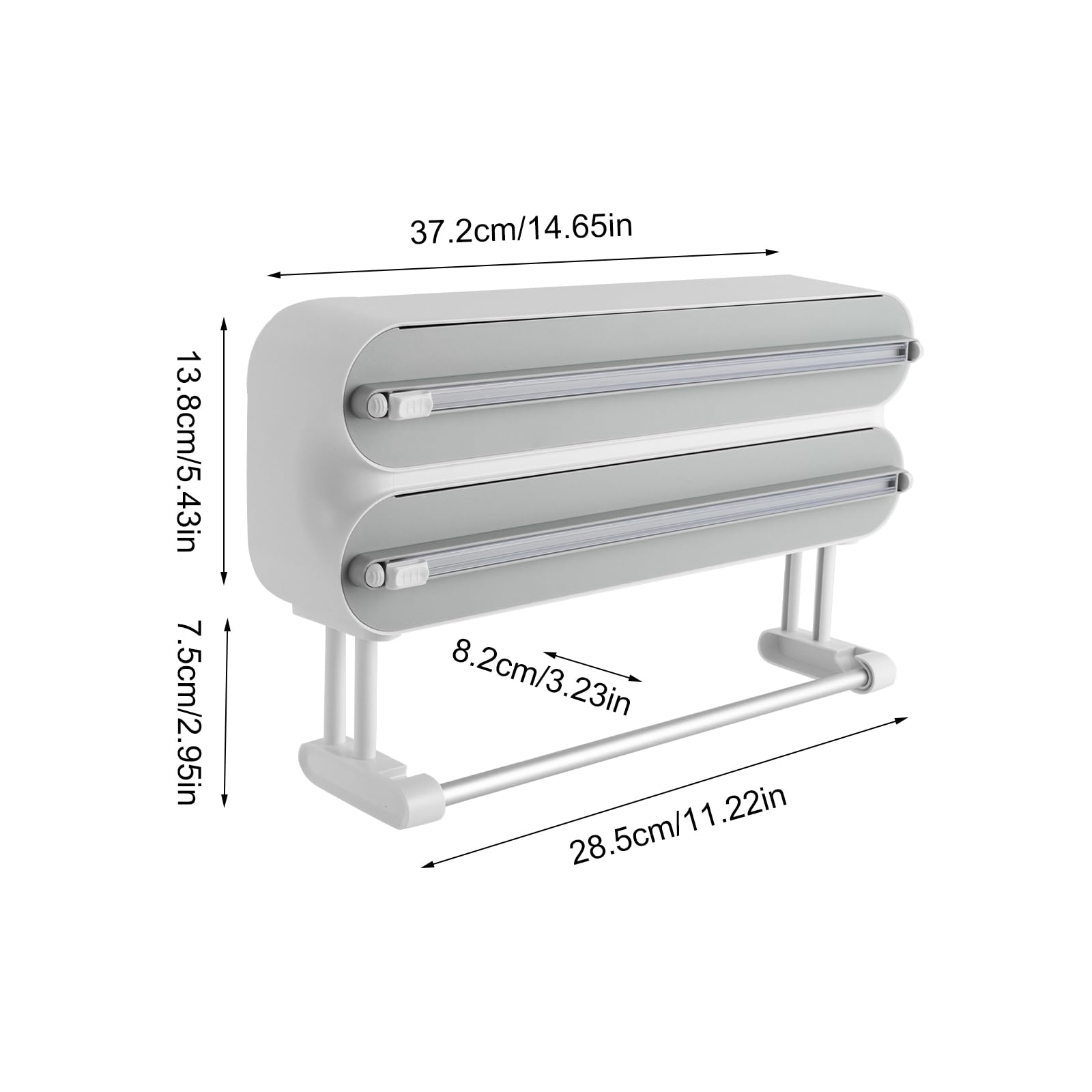 Dispensador de film transparente montado en la pared, con adhesivo de gancho, soporte para rollos de cocina, dispensador de papel de aluminio (gris)