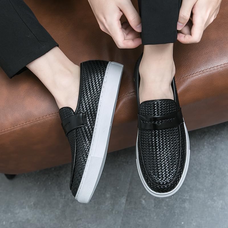 Men's Leather Woven Casual Dress Loafers Fashion Round Toe Lightweight Non-Slip Slip-On Penny Loafers for Driving Parties Office 5