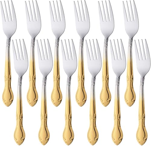 Juego de 12 tenedores para ensalada, cubiertos de acero inoxidable, tenedores de postre con borde de flores, 6.4 pulgadas, color dorado degradado