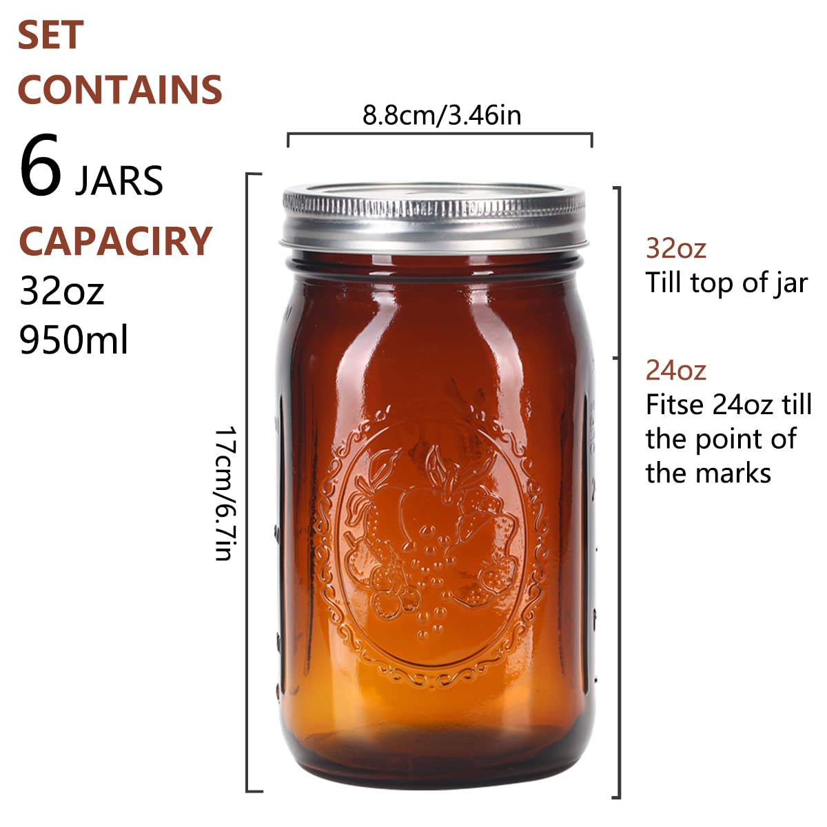 eleganttime Tarros de vidrio ámbar de 32 onzas de boca ancha, paquete de 6, tarros de conservas de cuarto de galón con tapas herméticas y bandas para enlatar, congelar, fermentar, conservar, bebidas y