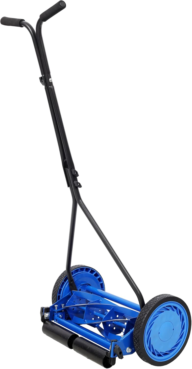 14in Push Lawn Mower, Manual Reel Lawn Mower with 5-Blade Cutting System, Adjustable Height Grass Cutter for Small Yards and Home Lawn Care (Black+Blue)