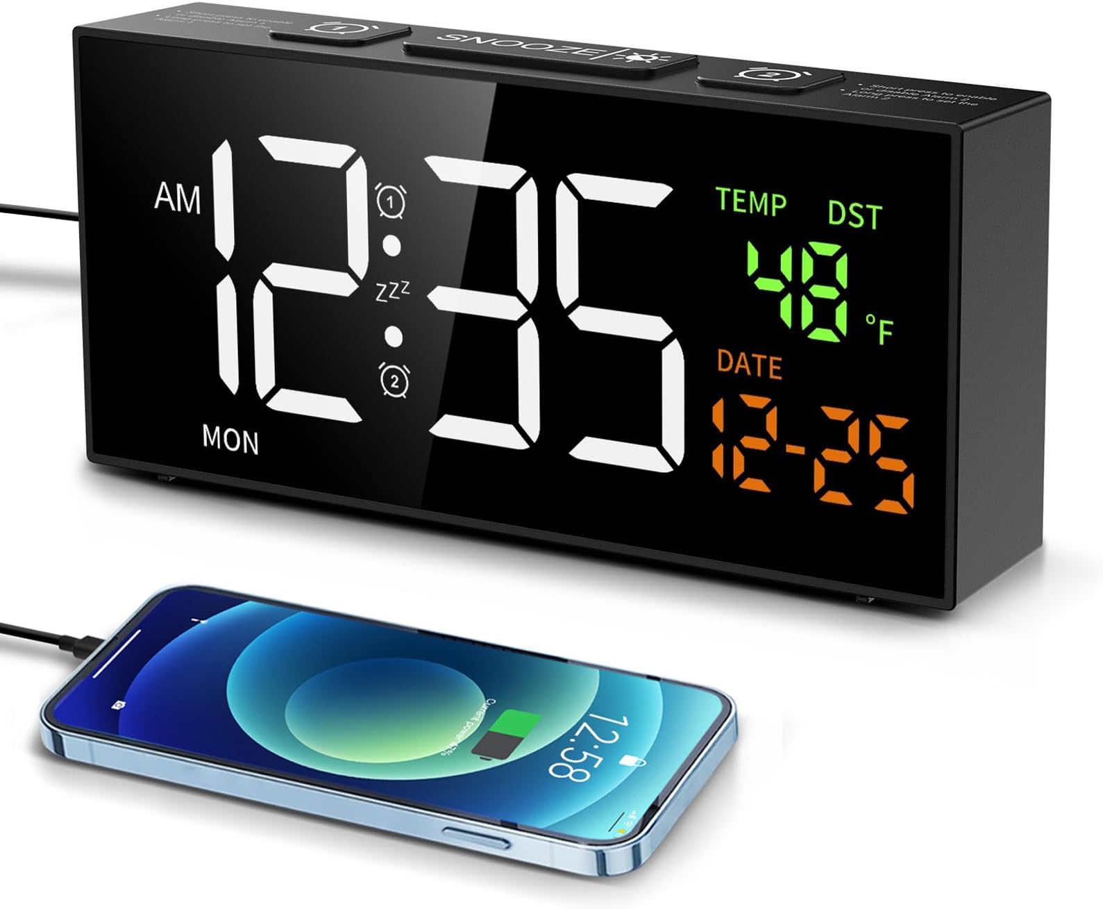 Netzu Alarm Clocks Bedside, Loud Alarm Clock with Temperature and Date, 10 Alarm Tones, 4 Volumes, Dual Alarm, Snooze, 5 Dimmer, Manual DST, USB Charger, Calendar Clock for Elderly (Black)
