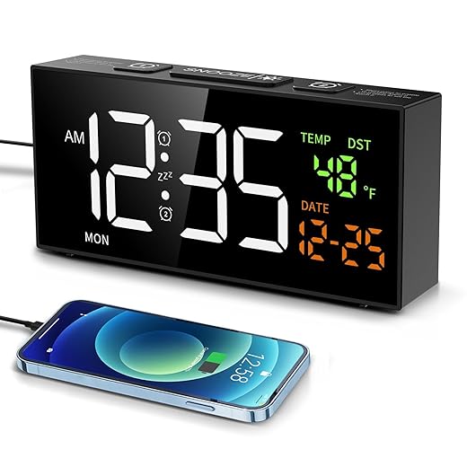 Netzu Alarm Clocks for Bedrooms, Digital Clock with Date Temperature and Weekday, Manual DST
