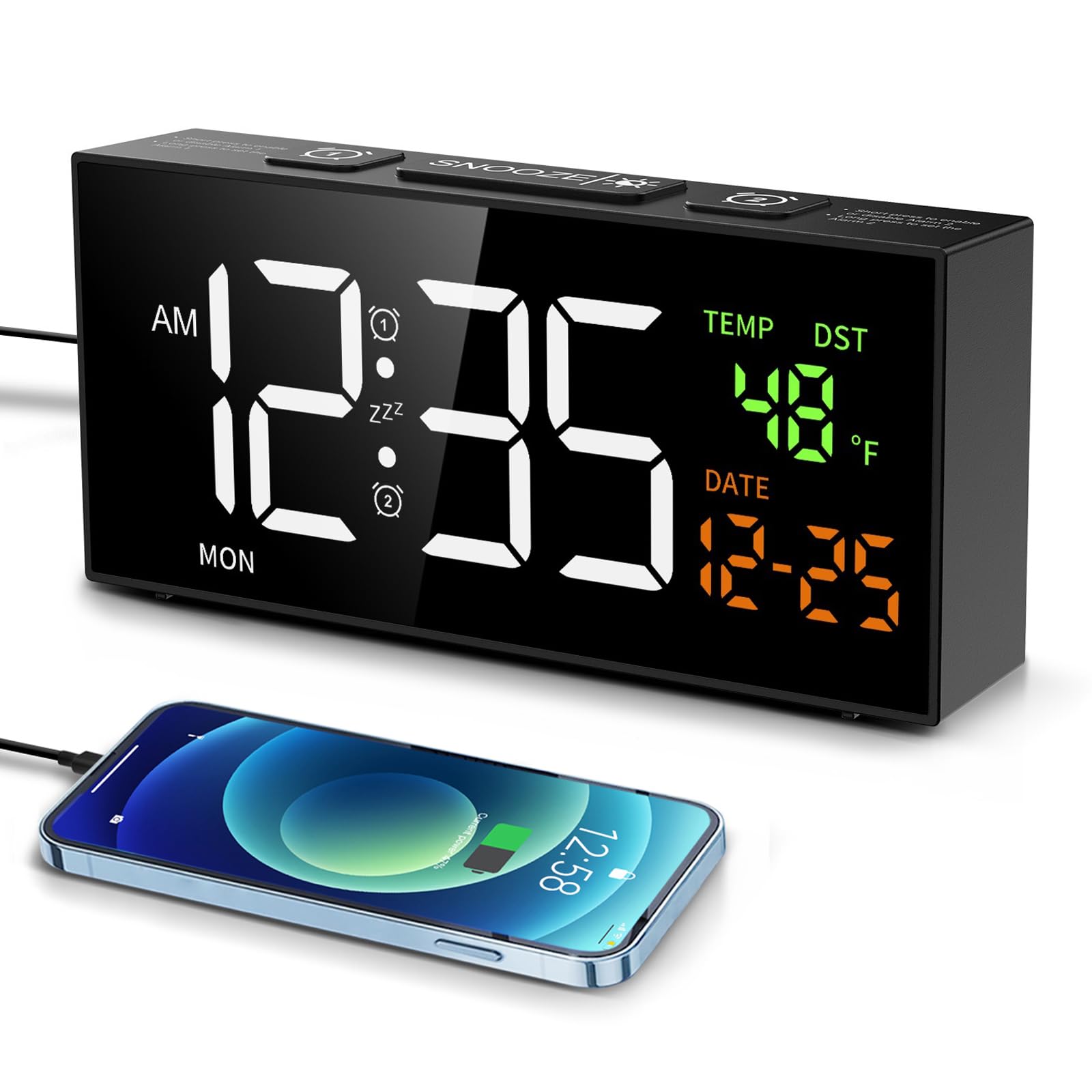 Tronisky Réveil Numérique, LED Réveil Électronique Miroir Réveil Horloge De Bureau Avec 2 Alarmes/Snooze/Température/Fonction De Contrôle Son, Rechargeable Par USB, 4 Luminosité Réglable, Blanc
