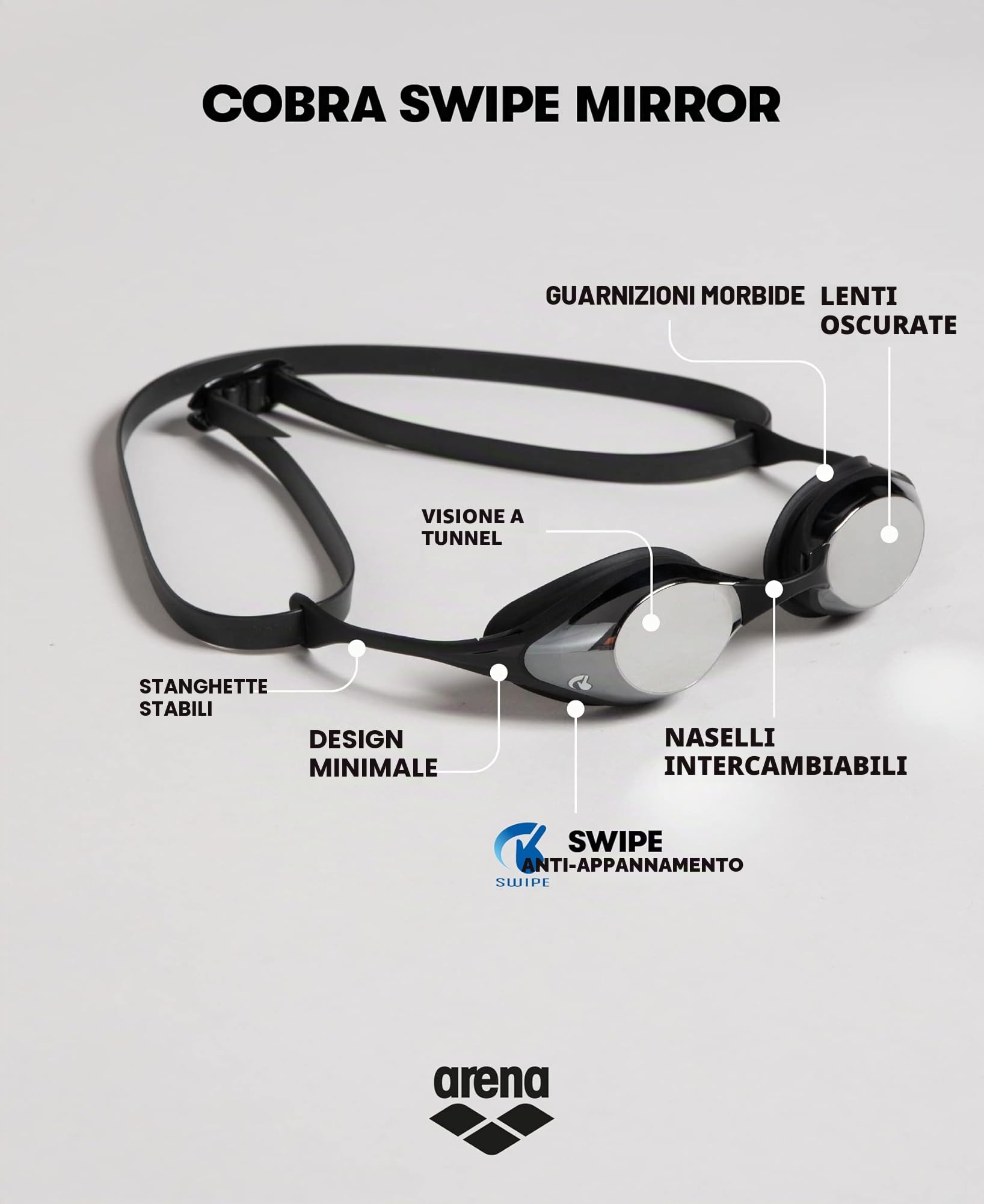 arena Cobra Original Swipe Occhialini Nuoto da Gara Unisex Adulto, Occhialini Piscina con Lenti Anti-Appannamento Protezione UV, 4 Ponti Nasali Intercambiabili