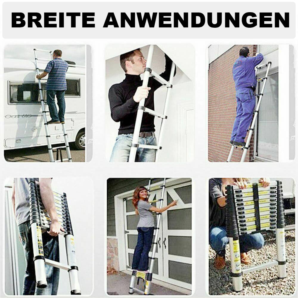 Klappleiter Ausziehbar 1,9+1,9m, Klappbar Teleskopleiter Rutschfester Aluminium Ausziehleiter Stehleiter A-Rahmen 6+6 Sprossen Tragbare Mehrzweckleiter 150 kg Tragkraft