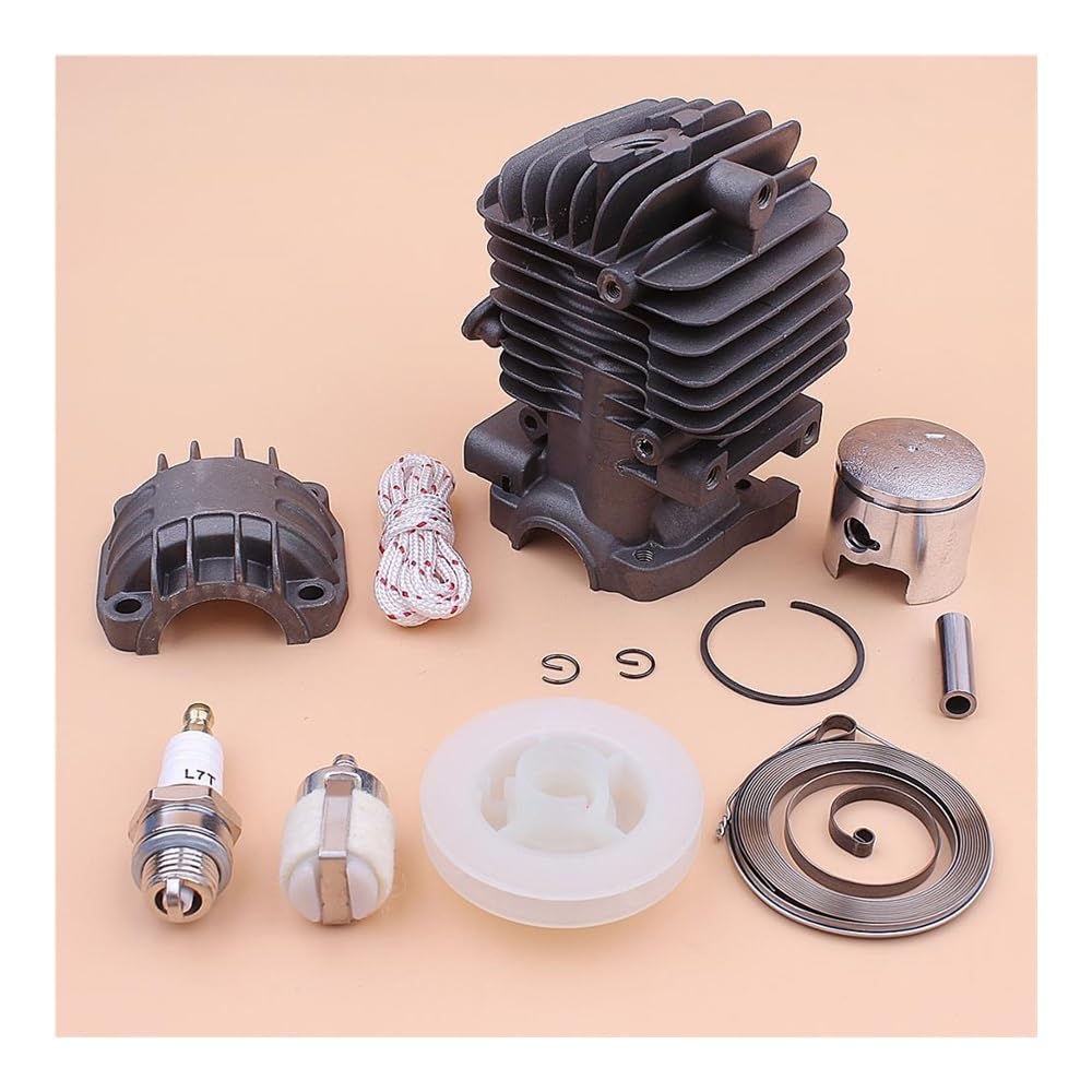 Kit de Base de cárter de Motor de pistón de Cilindro de 34 mm, Compatible con polea de Arranque de Retroceso de 25 CC, Resorte, Cuerda, bujía y Pieza de Motosierra.