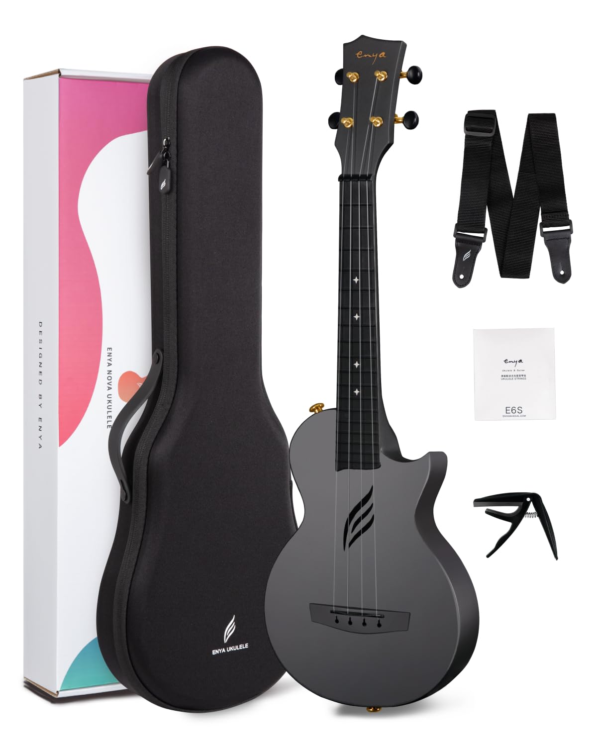 Enya NOVA U 23-Inch Carbon Fiber Concert Travel Ukulele, Black