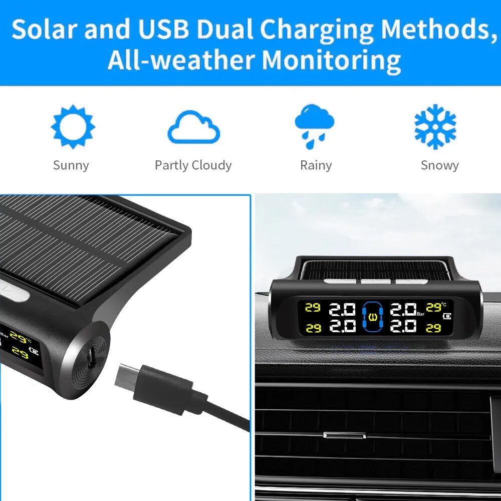 Tpms Sistema di monitoraggio della pressione degli pneumatici for auto a energia solare Sistemi di allarme di sicurezza for auto Avviso di temperatura della pressione degli pneumatici Pressione Pneuma