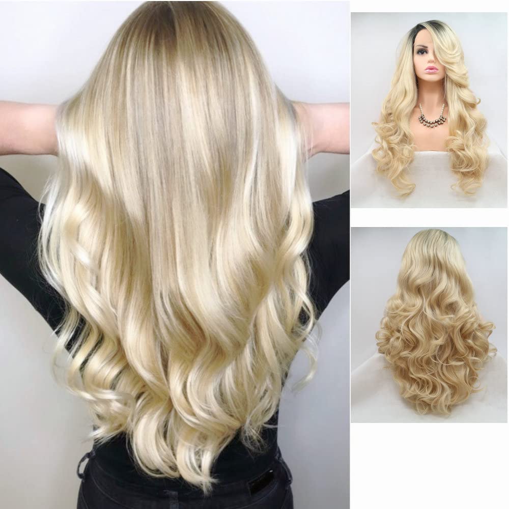 Drag Queen parrucca bionda ombre radici scure sintetiche parrucche anteriori del merletto per le donne ragazze vacanze Festival Cosplay parrucche da sposa capelli lunghi dell'onda