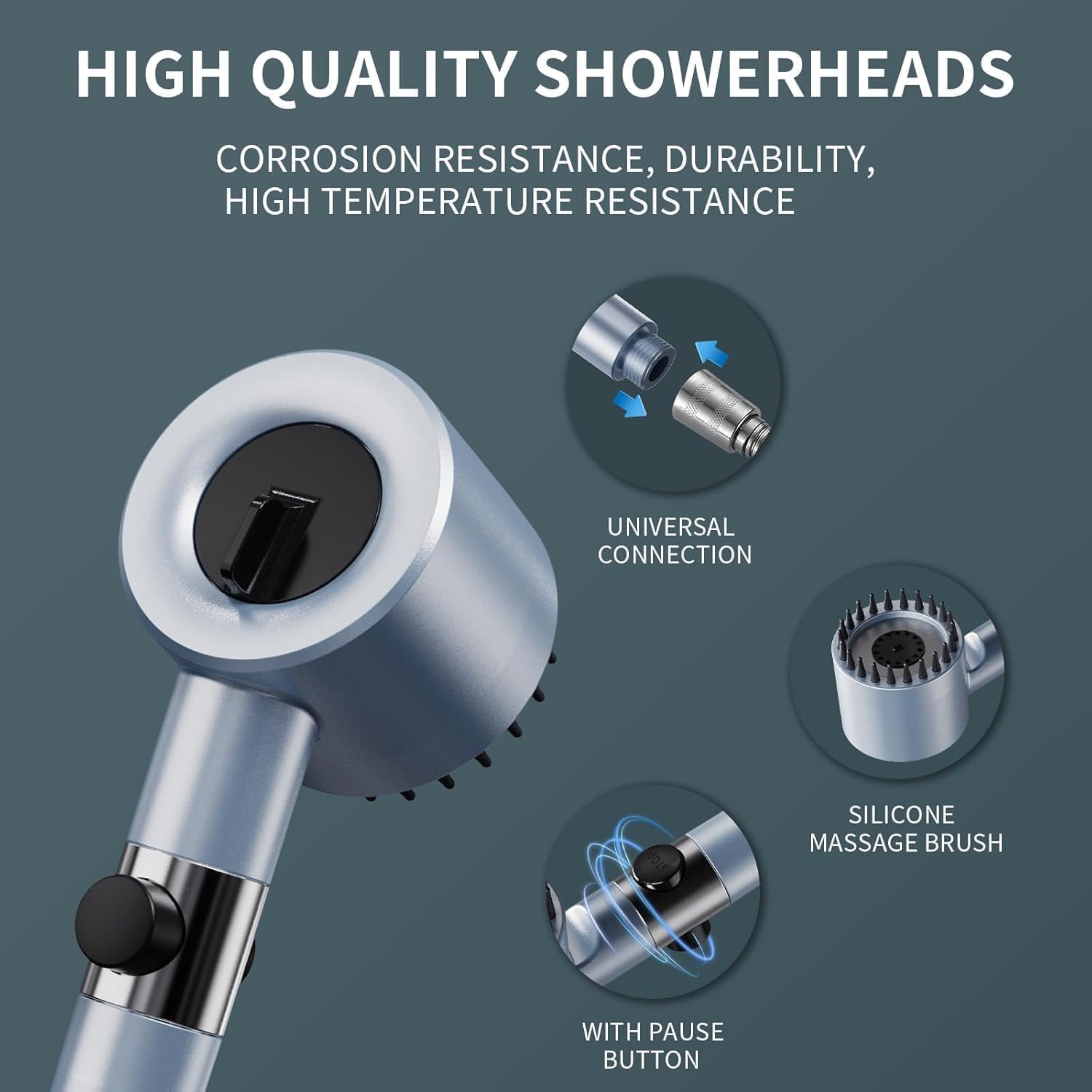 Pommeau De Douche Haute Pression 4 Jets + Tuyau 1,5 M - Économie D'eau, Anti-calcaire, Avec Bouton Stop - Gris