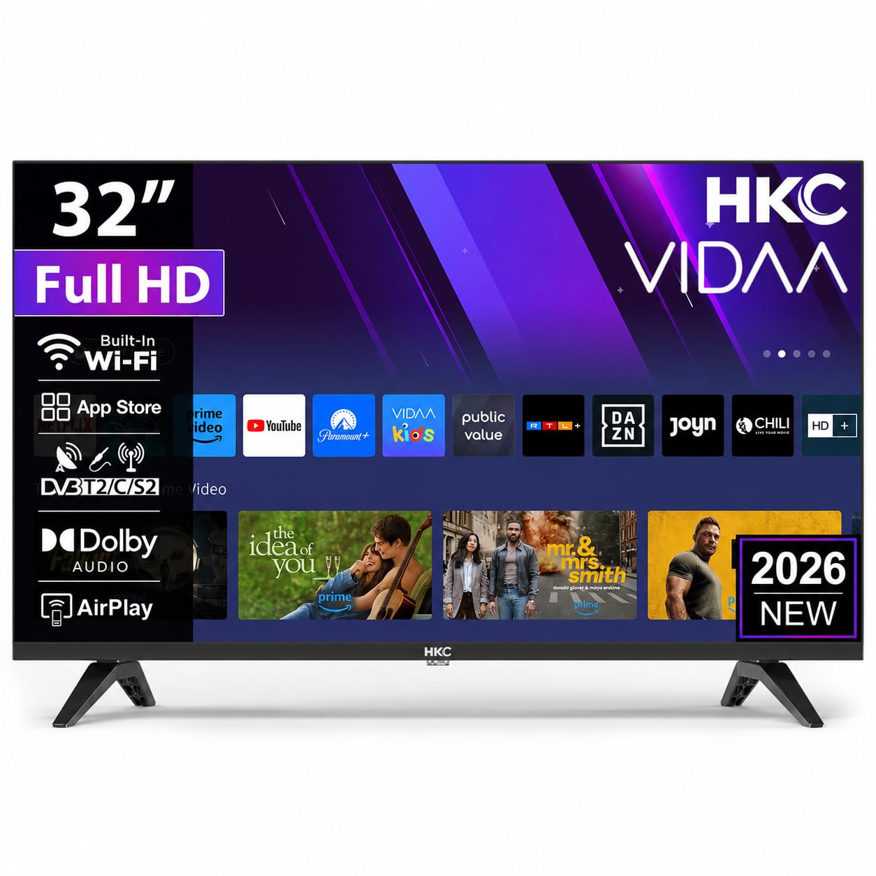 HKC Smart TV 32 Pouces (80 cm) FHD, sans Bord Connectée Télévision avec WiFi, App Store, Triple Tuner(DVB-T/T2, DVB-C, DVB-S/S2), AirPlay (H32N1F-V, 2026)