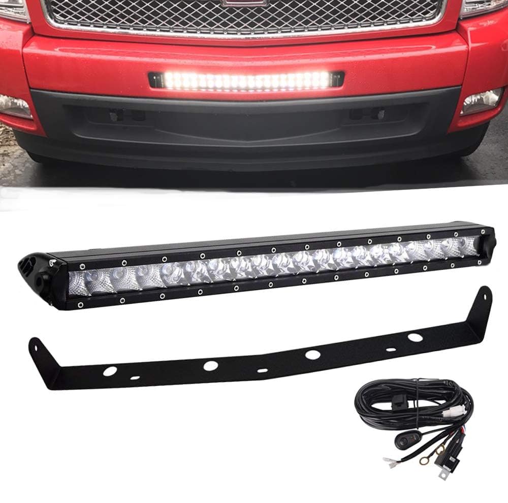 22 Inch 150W Straight Single Row LED Light Bar & Wiring Kit w/Front Hidden Lower Bumper Mounting Brackets Compatible with Chevy Silverado 1500 2007-2013 Silverado 2500 3500 HD 2007-2010