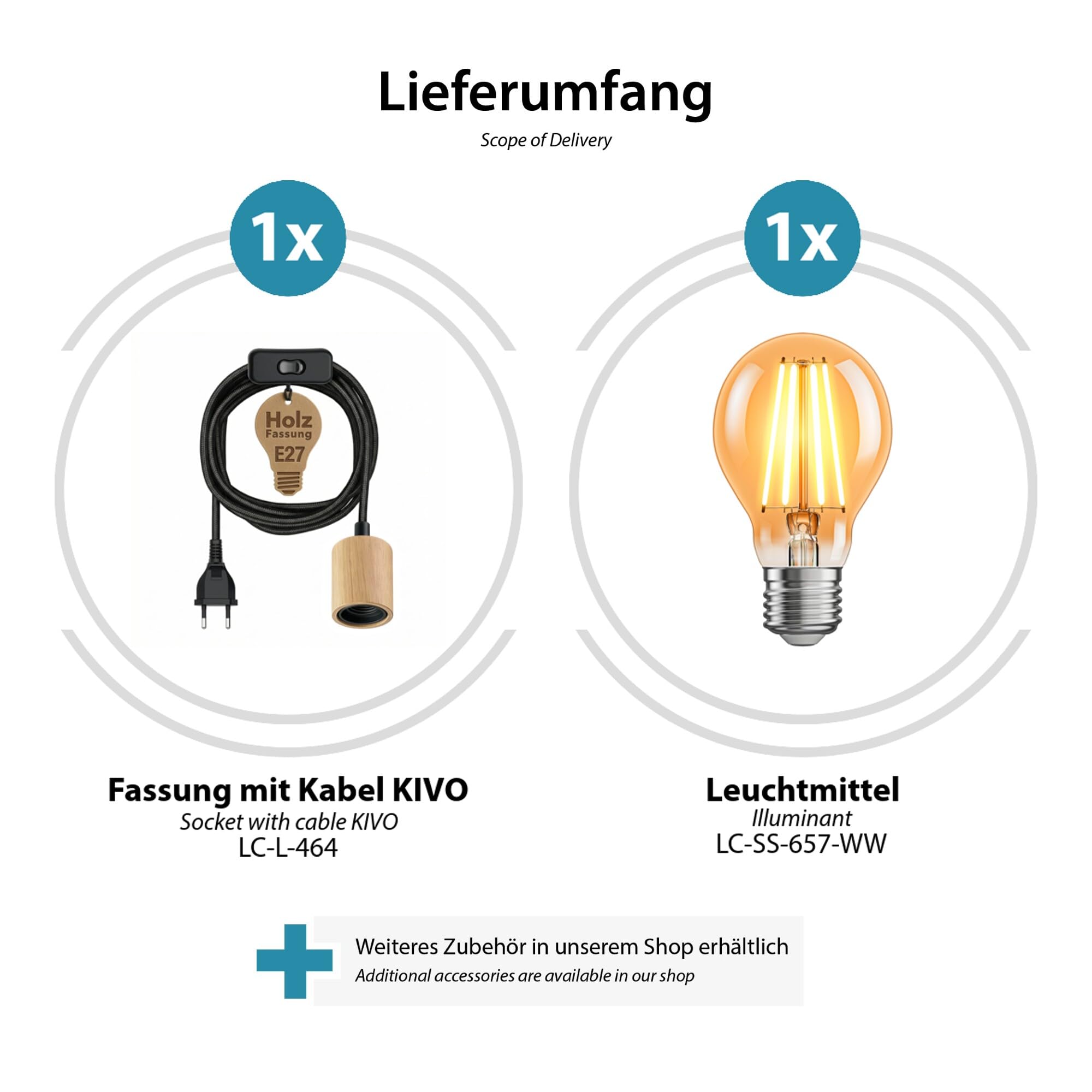 ledscom.de 2 szt. kabli tekstylnych KIVO, czarne, 3 m, oprawka z prawdziwego drewna E27, wtyczka, przełącznik, w zestawie żarówka LED, 3-stopniowy ściemniacz, maks. 778 lm, bardzo ciepła biel
