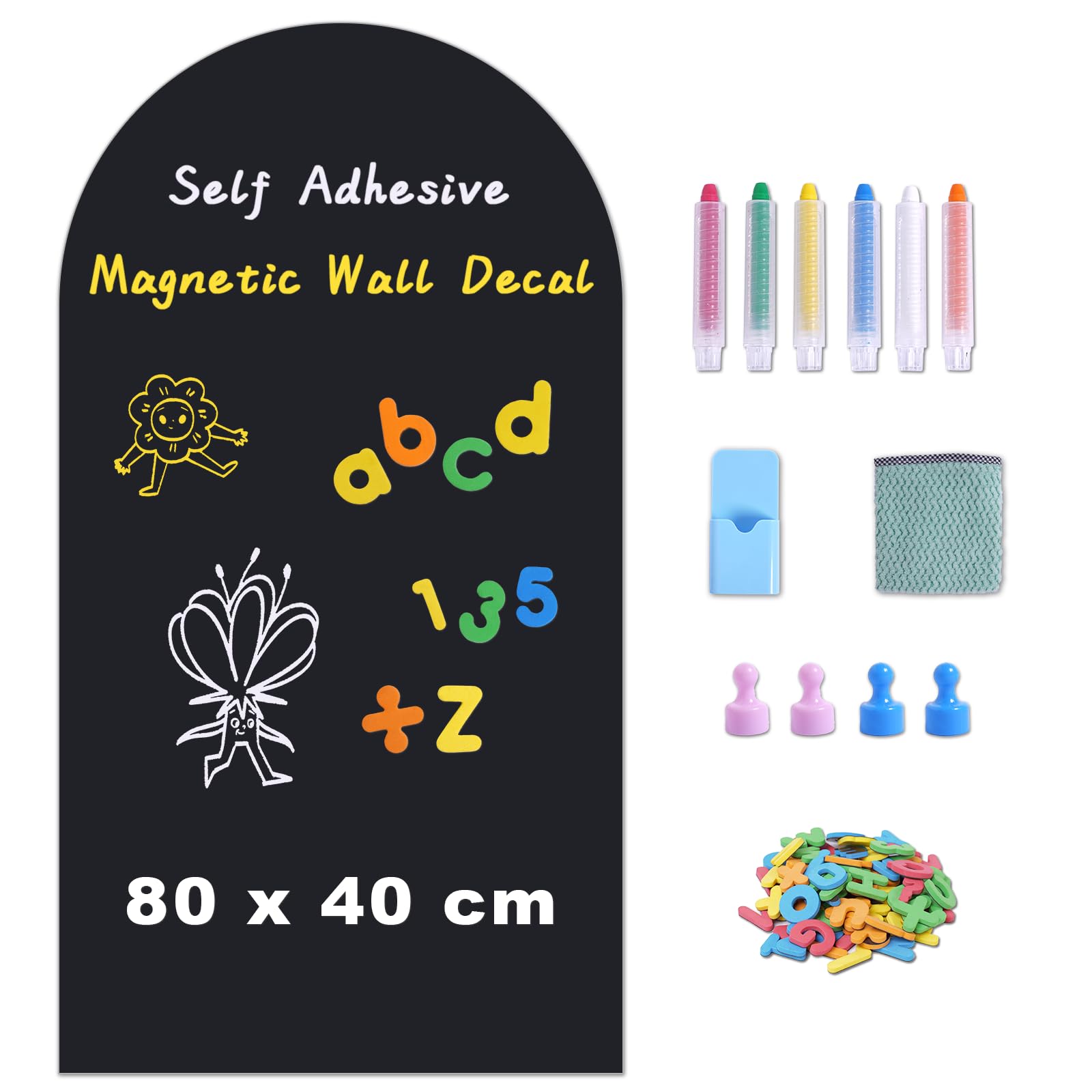 Pizarra Magnética Adhesiva de Pared Diseño Arco 80 x 40 cm – Pizarra Negra Borrable en Seco con Superficie Magnética, Incluye Tizas, Imanes y Paño – Hogar, Escuela y Oficina (Negro)