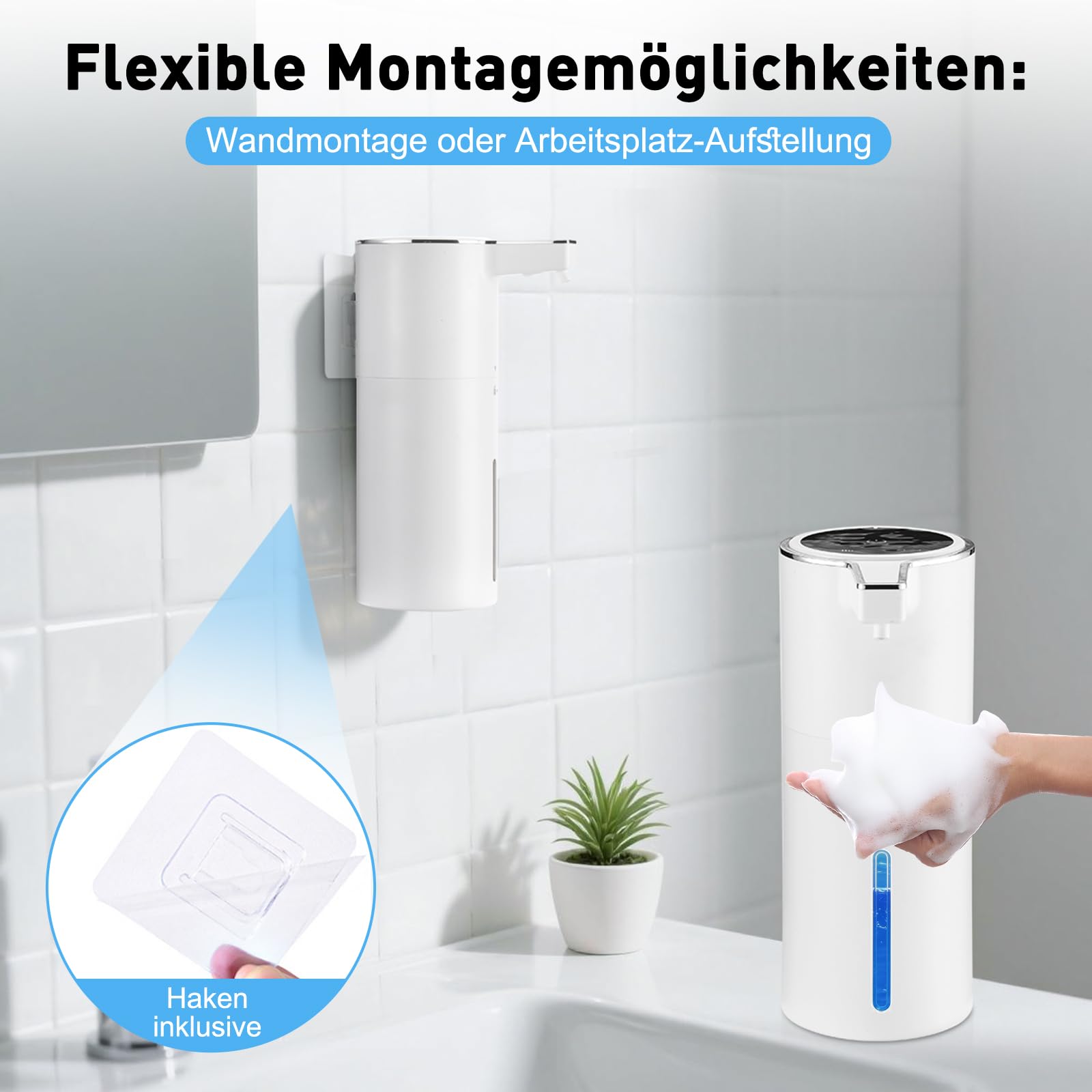 Seifenspender Automatisch,Wandbefestigung Berührungslos 400ml Elektrischer Seifenspender mit Sensor,USB Wiederaufladbar 1800-mAh-Akku für Bad,Küche,Büro (Flüssigkeit,Weiß)